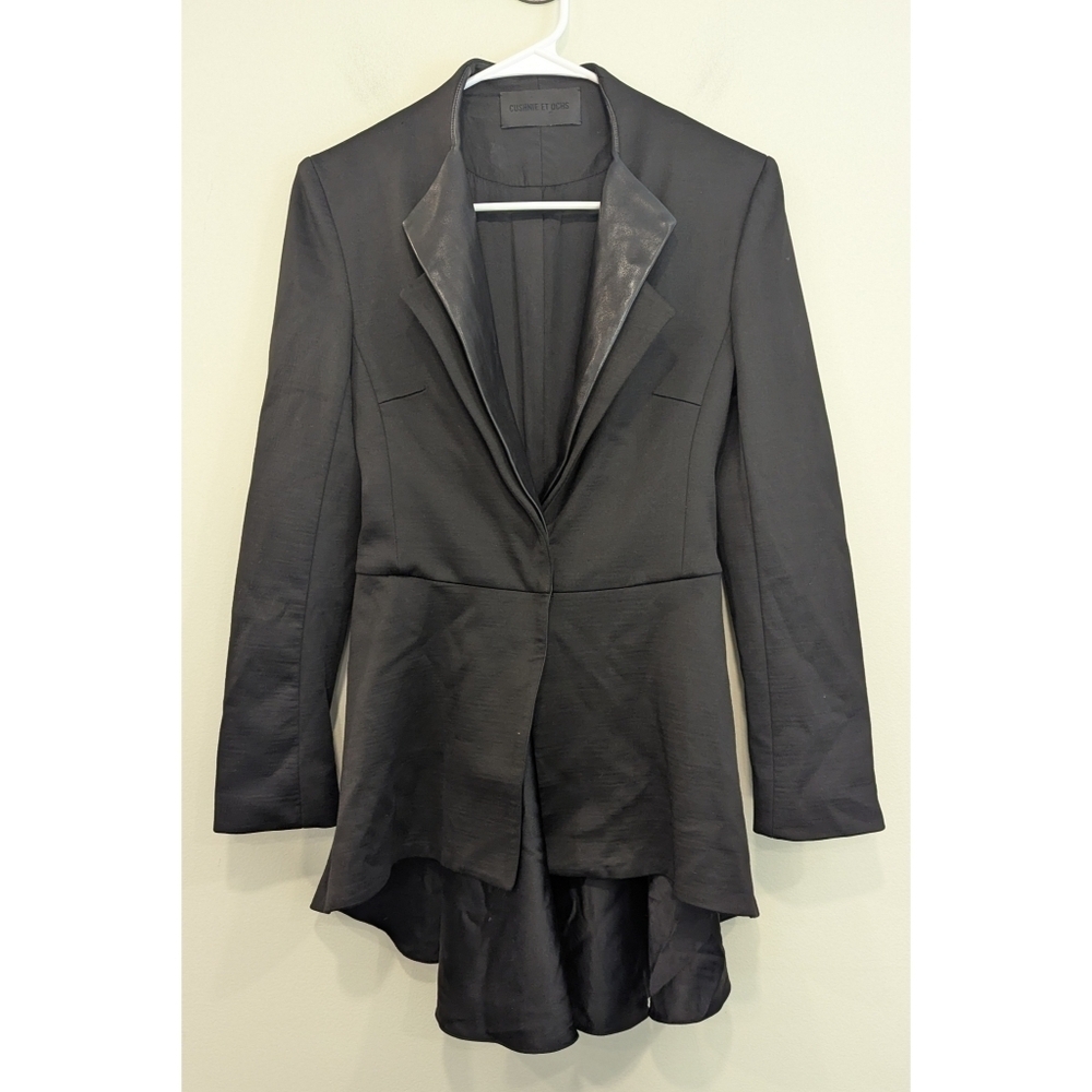 Cushnie Et Ochs Black Wool Blend Lamb Leather Trip Long Blazer Size 0
